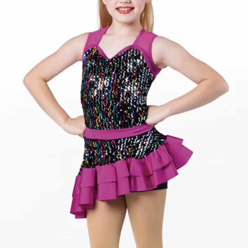 NWOT Weissman 13686 ‘Dime’ Black Rainbow Sequin 2 Piece Dance Leotard/Skirt, XL.